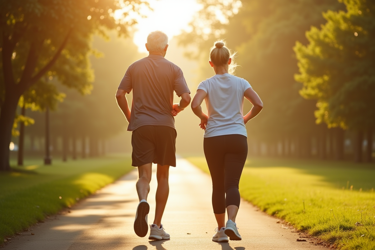 Couple de seniors courant dans un parc ensoleille