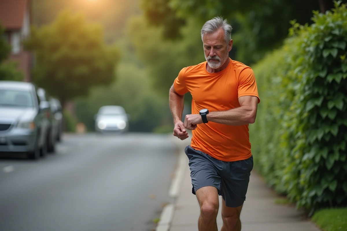 Coureur débutant vérifiant son allure sur une montre GPS lors d'un jogging à 8 km/h en milieu périurbain