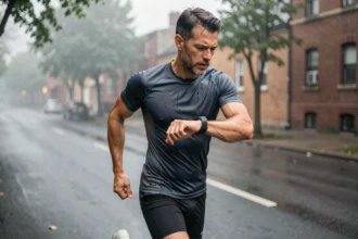 Coureur masculin vérifiant son allure sur une montre GPS lors d'un 10 km en milieu urbain