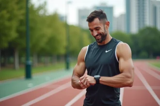 Homme courant vérifiant sa smartwatch sur une piste extérieure