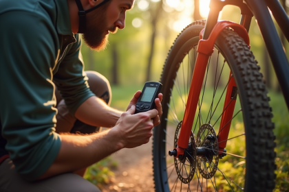 VTT vérifiant la pression des pneus en forêt en plein soleil