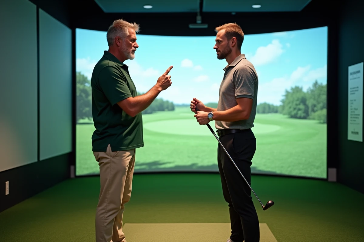 Instructeur de golf corrigeant la prise en main du wedge d'un élève dans un simulateur intérieur moderne