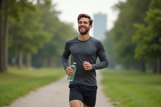 Jeune homme courant dans un parc urbain en pause