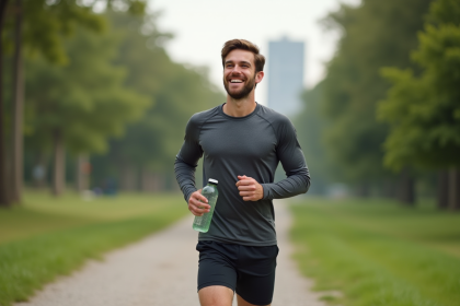 Jeune homme courant dans un parc urbain en pause