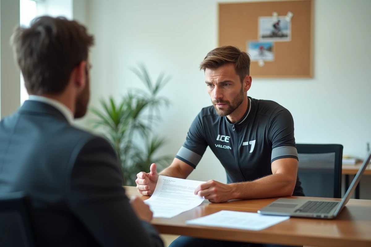 Cycliste professionnel équipier en négociation salariale avec son directeur sportif dans un bureau d'équipe, illustrant la réalité économique des coureurs anonymes du peloton