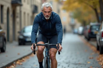 Cycliste urbain utilisant le rétropédalage sur un vélo à moyeu à rétropédalage dans une rue pavée européenne