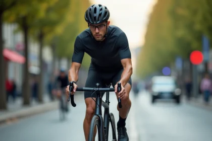 Cycliste urbain en position aérodynamique roulant rapidement sur un boulevard parisien