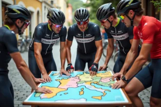 Groupe de cyclistes professionnels examinant une carte de l'Europe