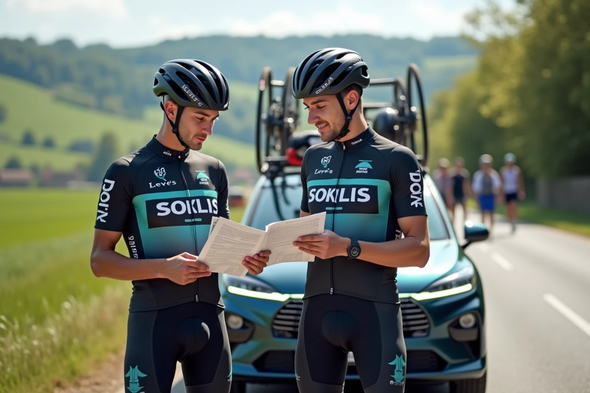 Deux cyclistes équipiers professionnels consultant le road-book au bord de la route lors d'une course par étapes, montrant le travail collectif derrière les succès du leader
