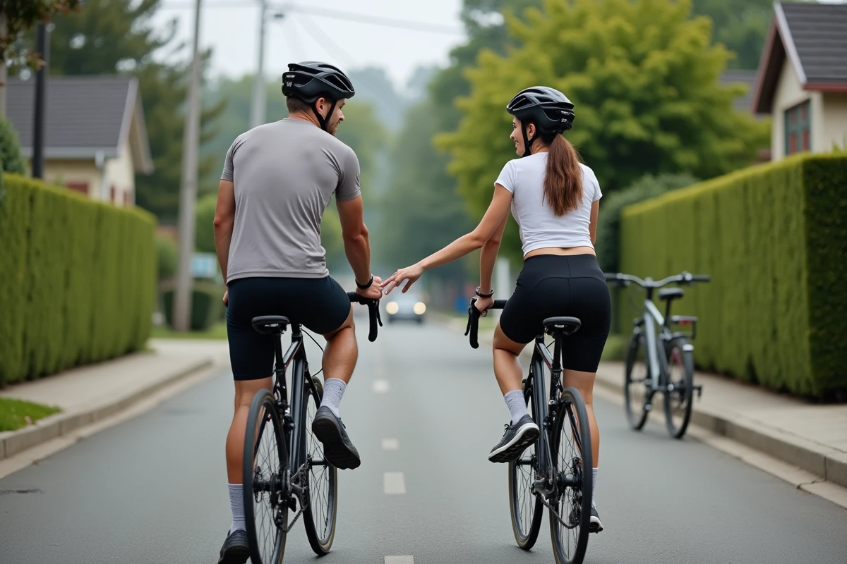 Deux cyclistes examinant le moyeu à rétropédalage d'un vélo dans un quartier résidentiel pavillonnaire