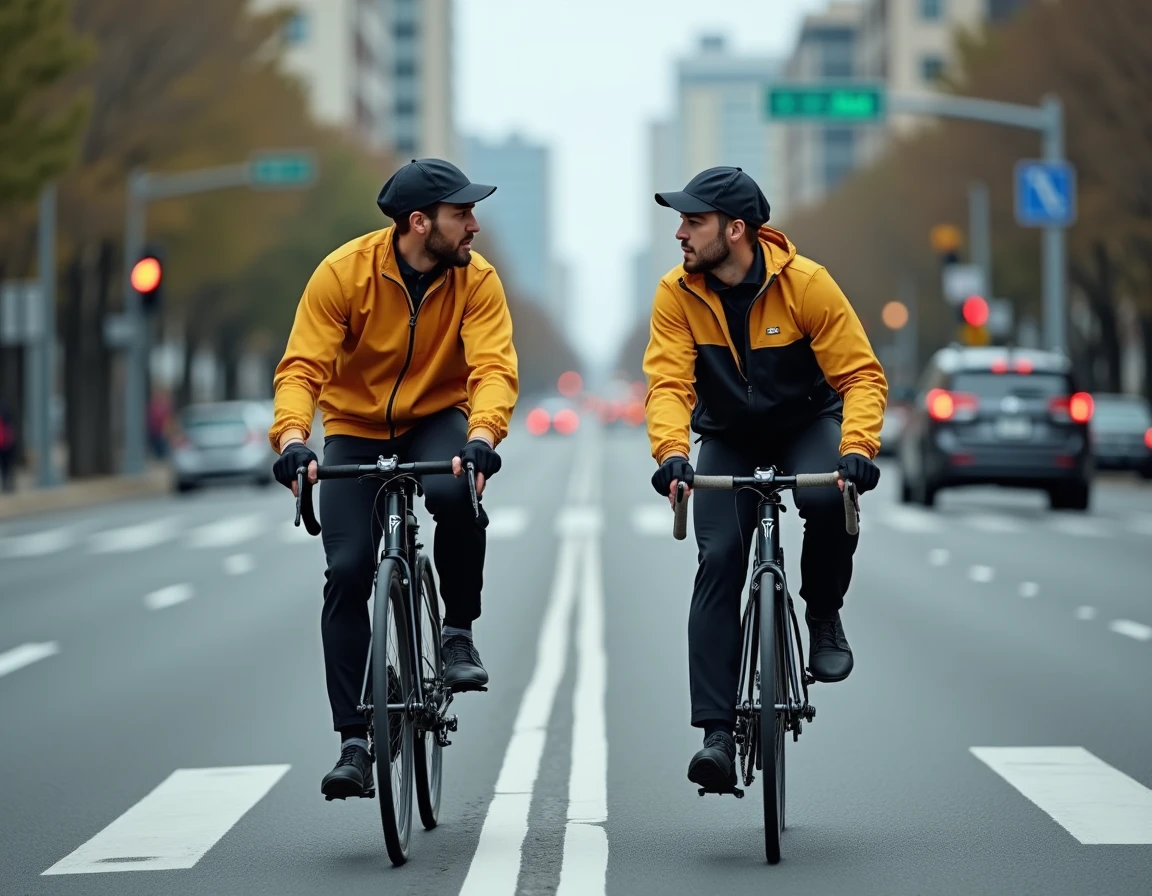 Deux cyclistes expérimentés en peloton naviguant une intersection urbaine en sécurité