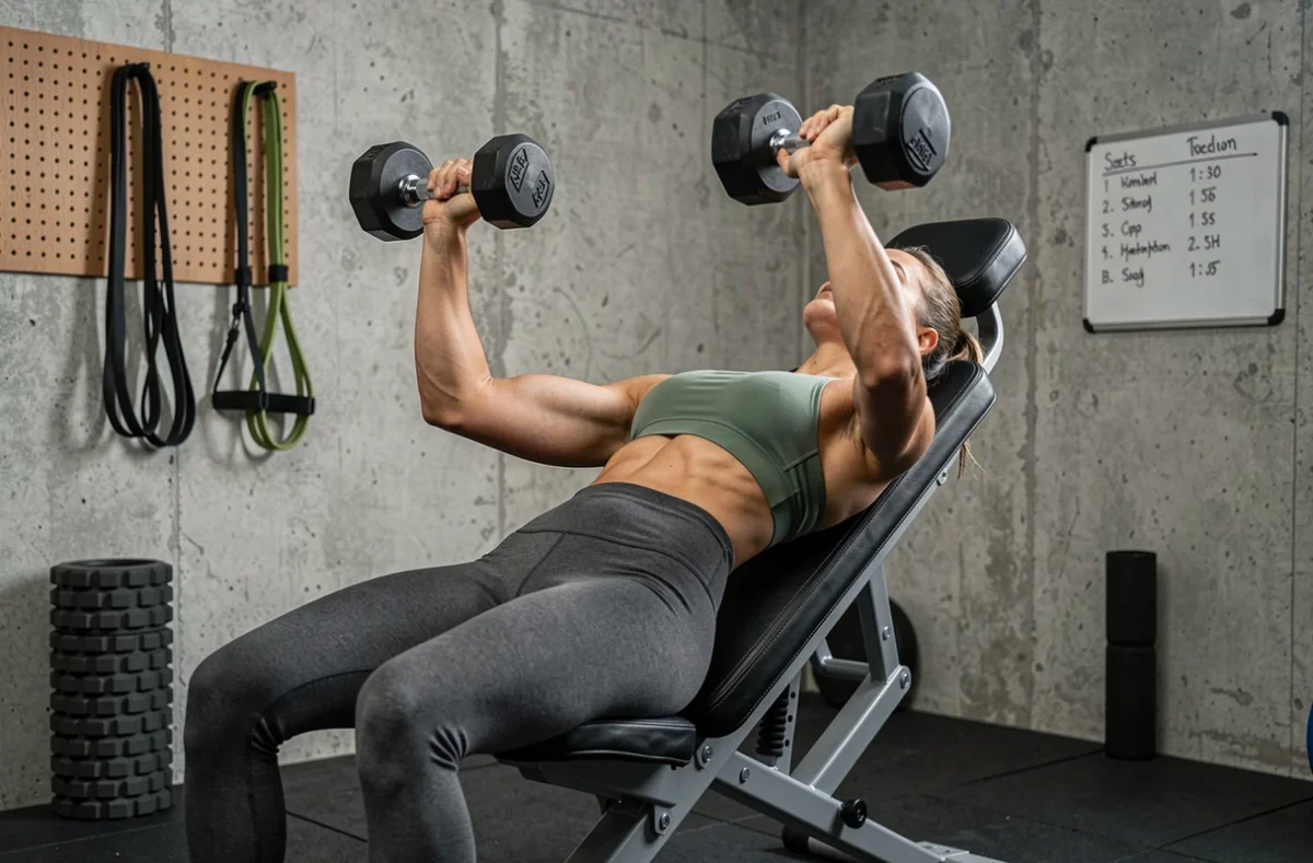 Femme réalisant un développé incliné avec haltères dans une salle de musculation privée en suivant un programme de séries et tempo