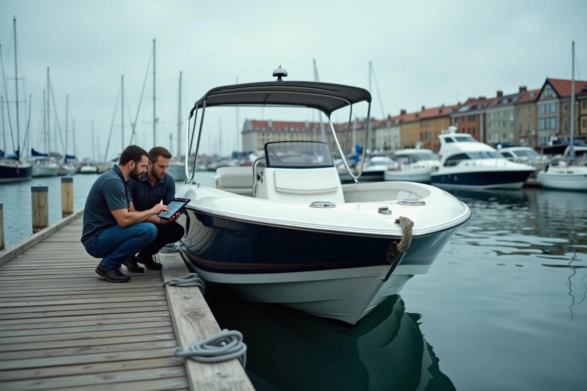 Deux mécaniciens réalisant un diagnostic moteur sur un bateau à moteur amarré dans une marina en Charente-Maritime