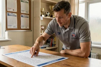 Dirigeant de club de football consultant un classement de district imprimé sur un bureau en bois