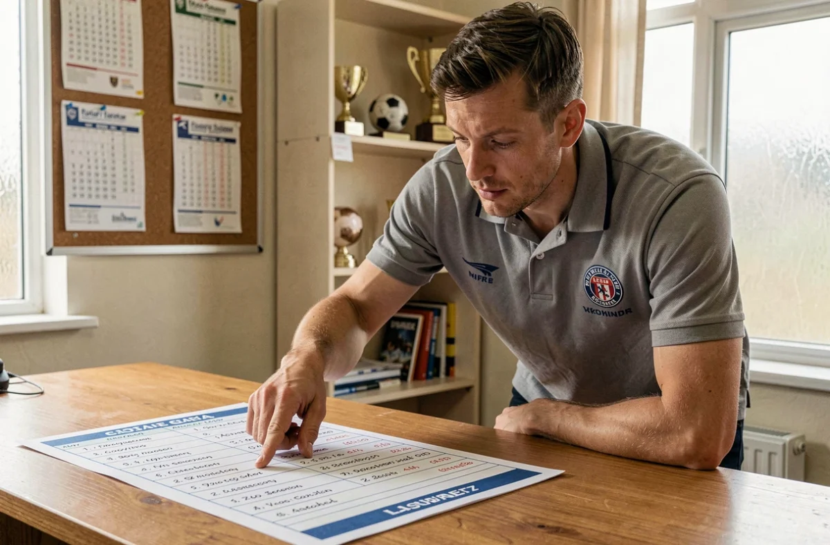 Dirigeant de club de football consultant un classement de district imprimé sur un bureau en bois