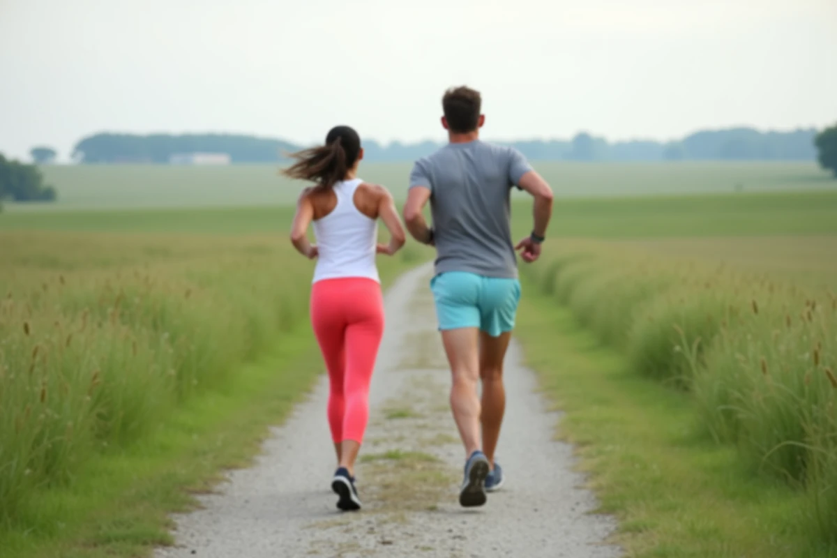 Deux coureurs débutants s'entraînant ensemble à allure conversationnelle sur un sentier en pleine nature