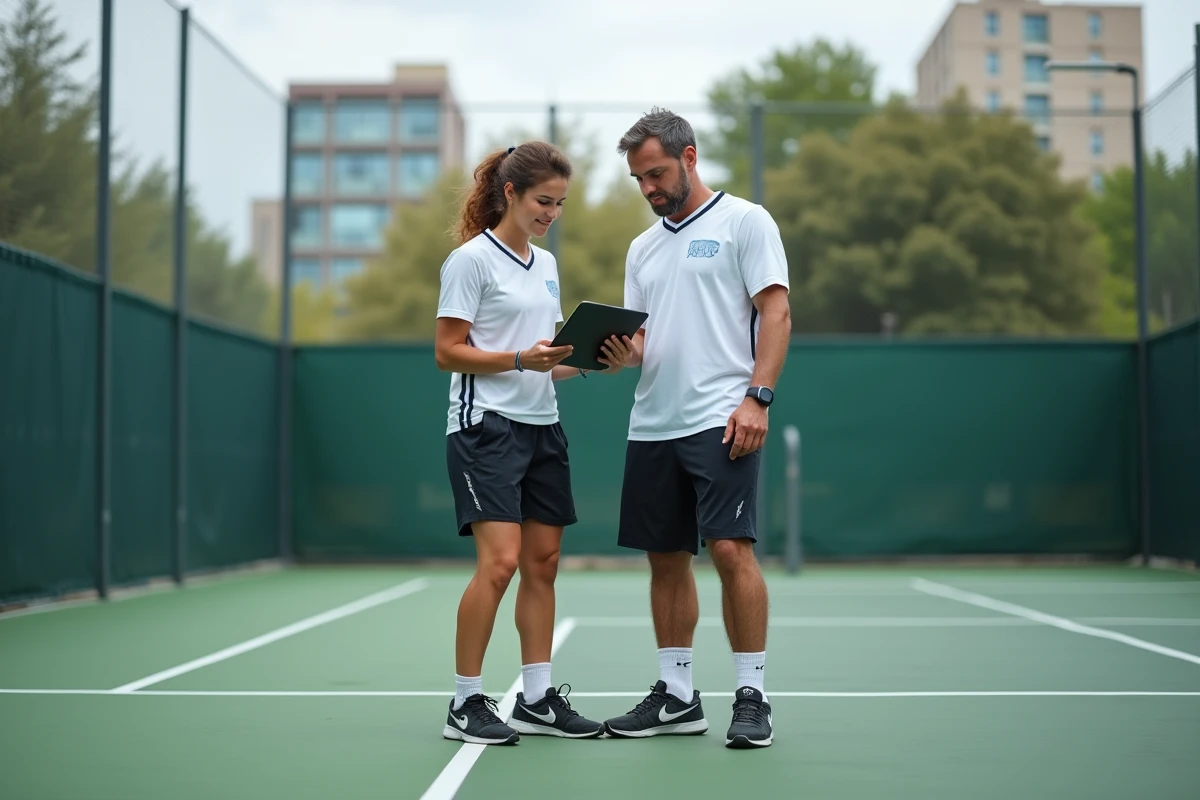 Duo de joueurs de padel analysant leur stratégie sur tablette avant un tournoi P500 en extérieur