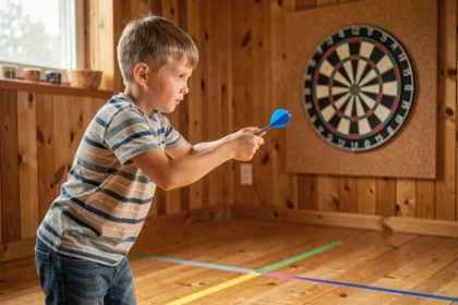 Enfant de 10 ans lançant des fléchettes depuis une distance adaptée à son âge dans une salle de jeux