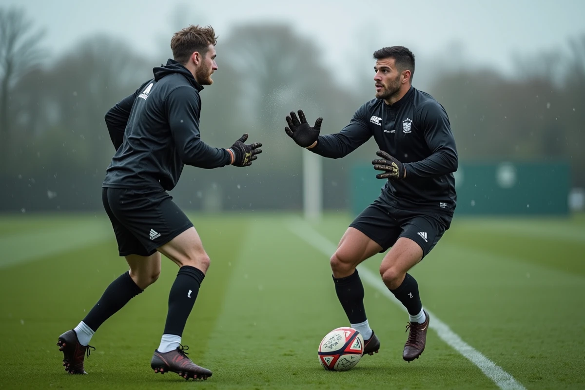 Deux joueurs des All Blacks en entraînement sous la pluie effectuant une passe, illustrant la culture de l'excellence du rugby néo-zélandais