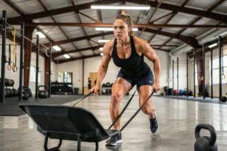 Athlète féminine poussant un traîneau de musculation dans une salle de CrossFit lors d'un entraînement de préparation HYROX