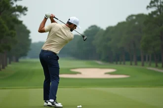 Golfeur adulte pratiquant le wedge sur une aire d'entraînement au petit jeu, programme progressif 2026