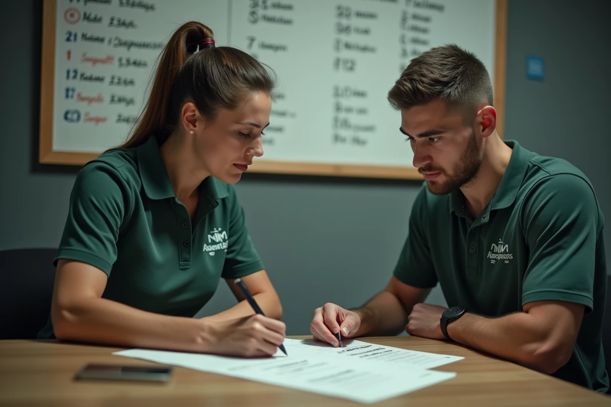 Entraîneuse et boxeur analysant un plan de passage en division supérieure dans un bureau de club de boxe