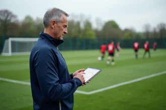 Entraîneur de football consultant une application de gestion d'entraînement sur tablette lors d'une séance en club sportif