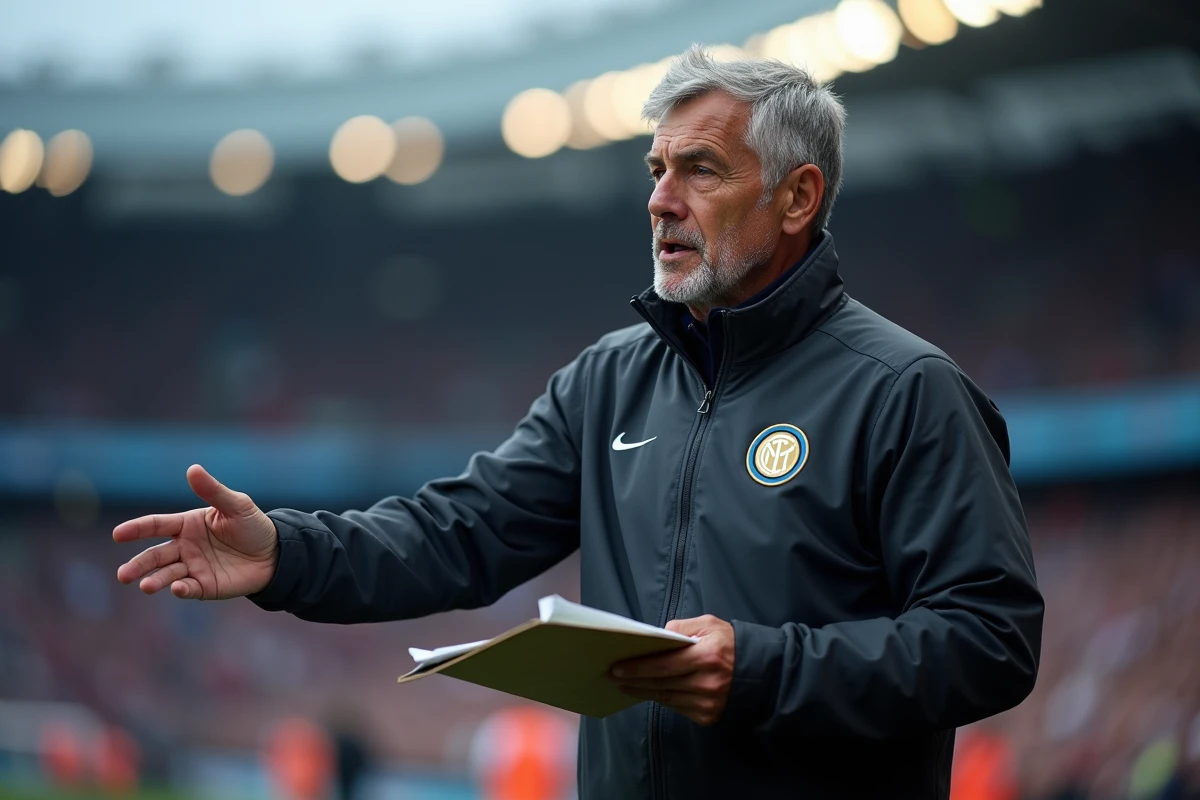 Entraîneur de l'Inter Milan donnant des consignes tactiques en bord de terrain lors d'un match européen de Ligue des Champions