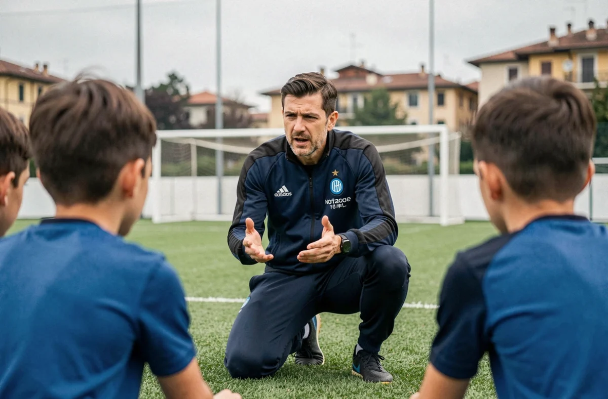 Entraîneur en tenue de l'Inter Milan expliquant des tactiques à des jeunes joueurs sur un terrain d'entraînement à Milan