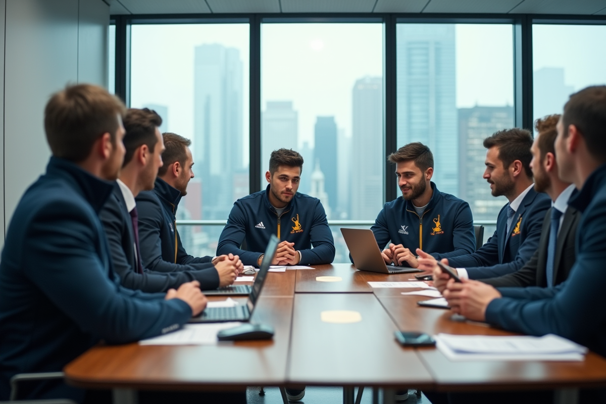 Groupe d'athletes en réunion dans une salle moderne