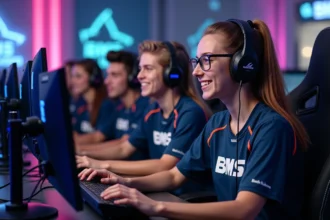 Groupe de jeunes joueurs esport en équipe souriante