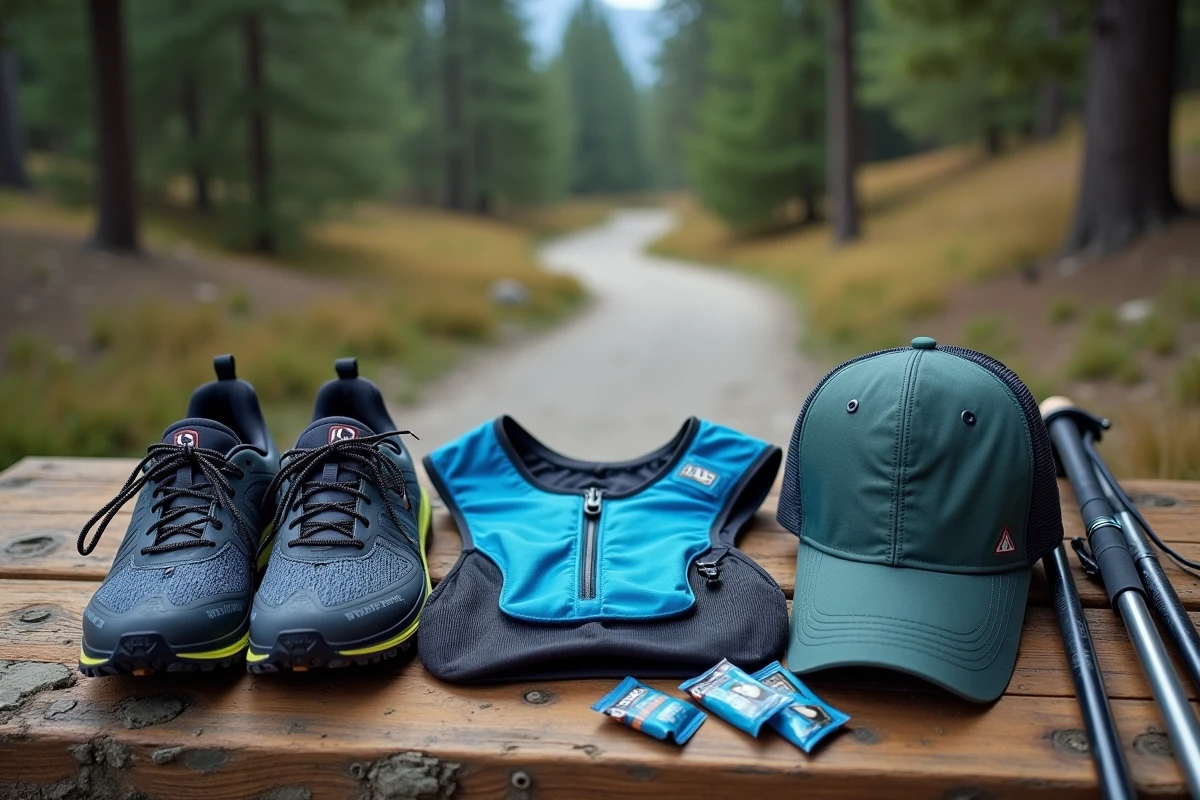 Matériel de trail running complet disposé en flat lay sur une table en bois près d'un sentier de montagne