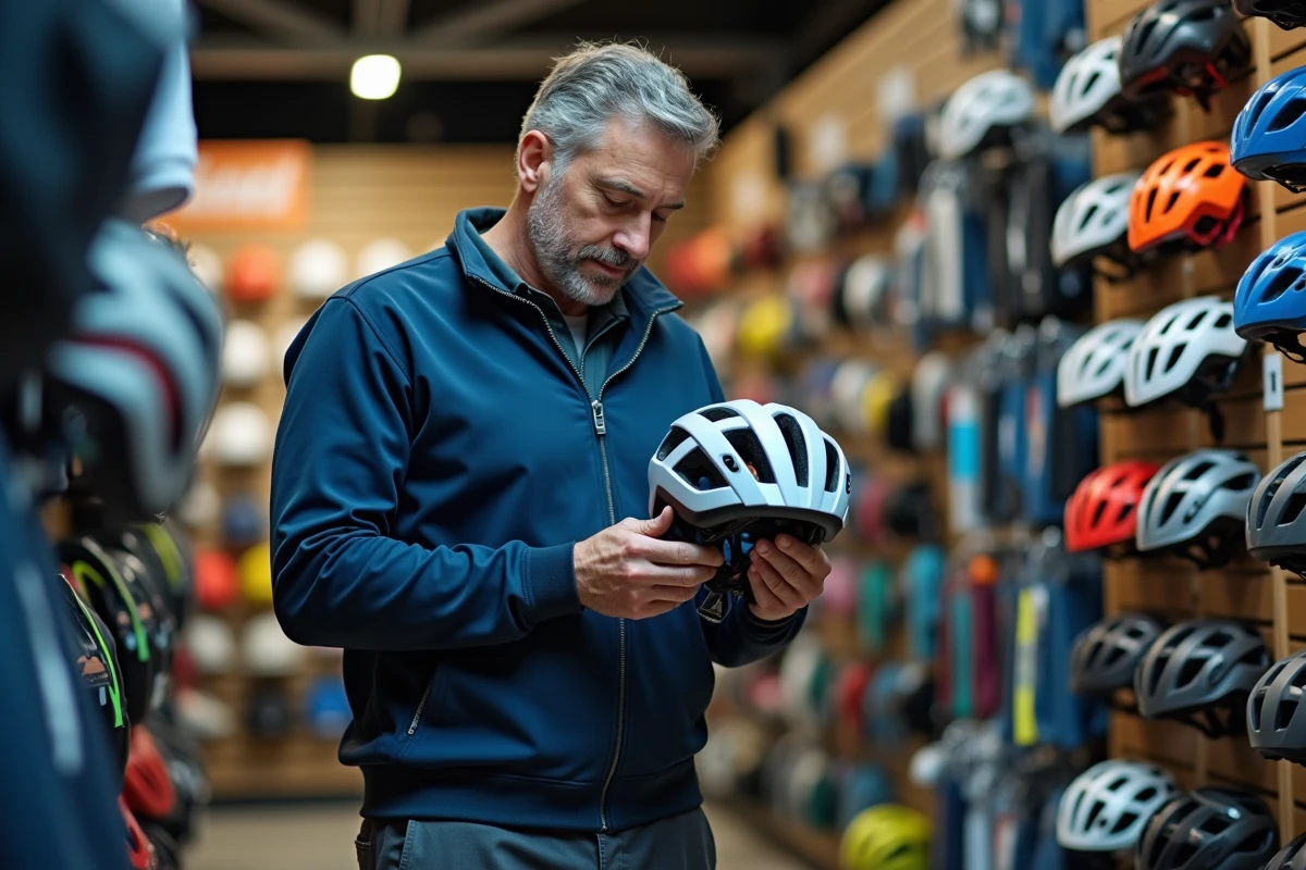 Client comparant des équipements de cyclisme dans une boutique de sport à Strasbourg