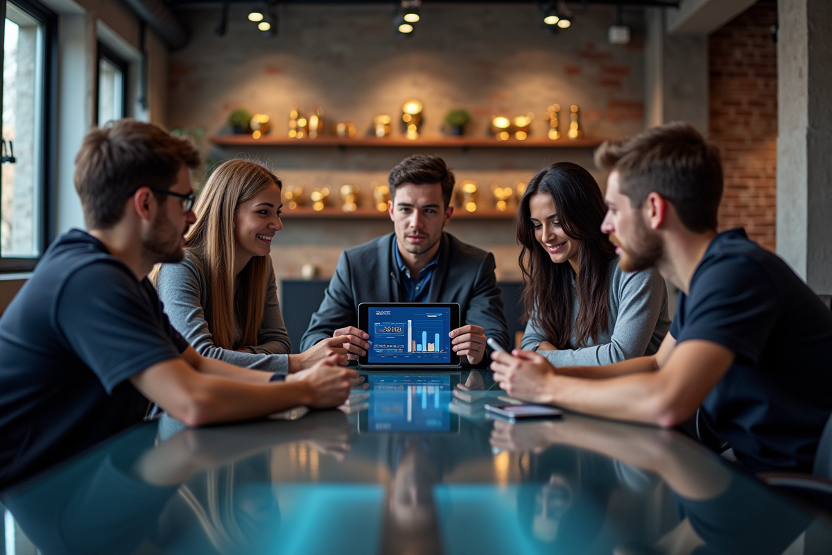 Groupe d esports discutant autour d une table moderne