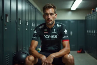 Cycliste professionnel équipier assis dans le vestiaire après une course, illustrant la réalité du quotidien des coureurs de l'ombre dans le peloton