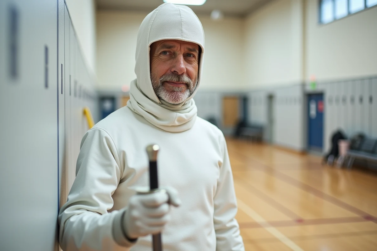 Escrimeur expérimenté en tenue blanche tenant un fleuret dans une salle de sport, référence directe aux sportifs en D comme le discipline de l'escrime pour le jeu du petit Bac