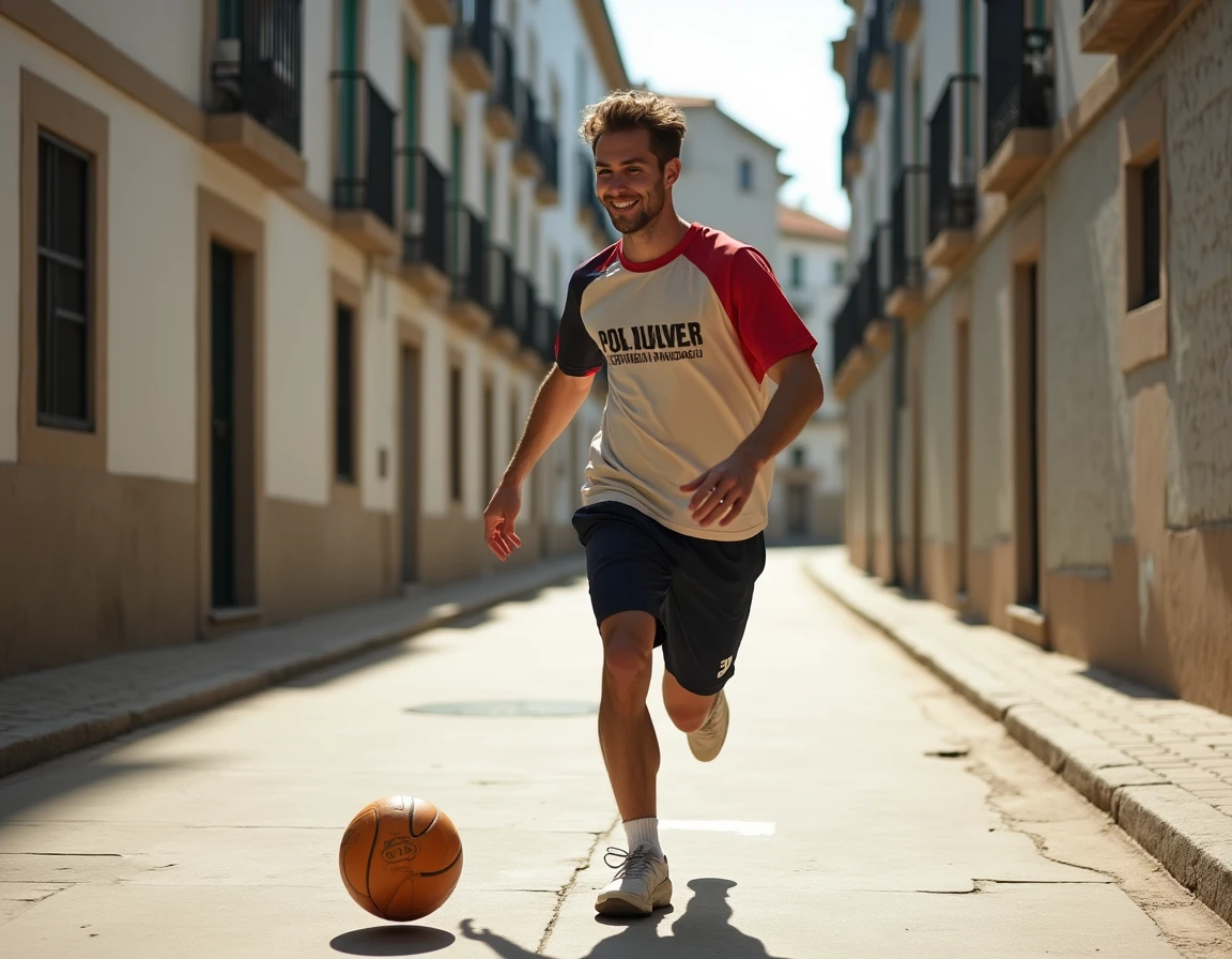 Jeune étudiant Erasmus dribblant un ballon de handball dans une ruelle typique de Lisbonne