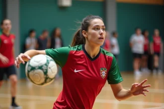 Étudiante Erasmus jouant au handball dans un gymnase universitaire portugais