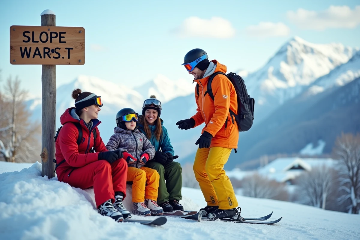 Famille de quatre sur les pistes de ski en famille
