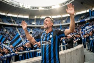 Fan de l'Inter Milan en maillot rayé noir et bleu dans un stade italien, ambiance tribunes Serie A