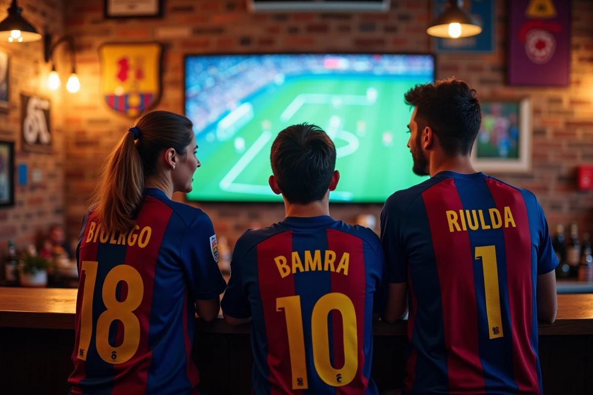 Groupe de supporters du FC Barcelone regardant un match ensemble dans un bar typique de Barcelone