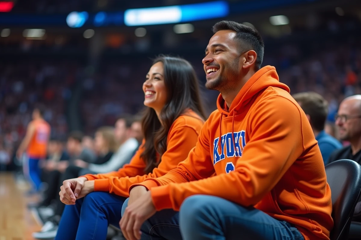 Couple de fans des New York Knicks assis au bord du terrain lors d'un match de basket à New York
