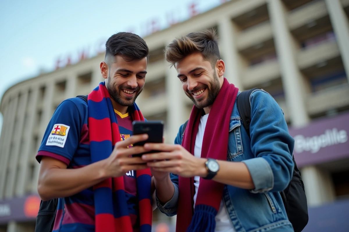 Jeunes fans de football devant le stade Camp Nou avec smartphone