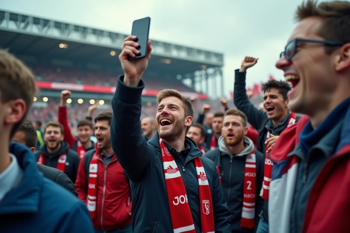 Fans de rugby devant un stade avec smartphone en main