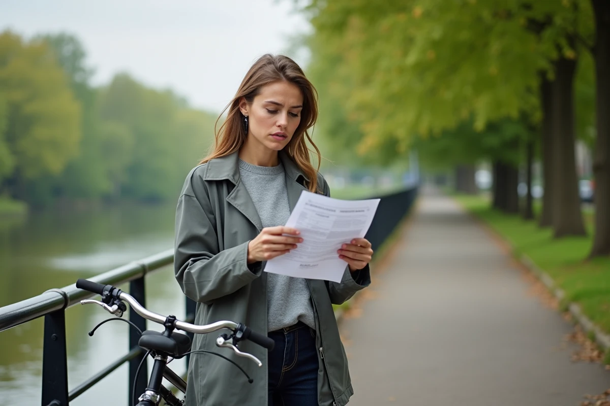 Femme cycliste consultant un document d'assurance vélo à côté de son vélo de ville au bord d'une rivière