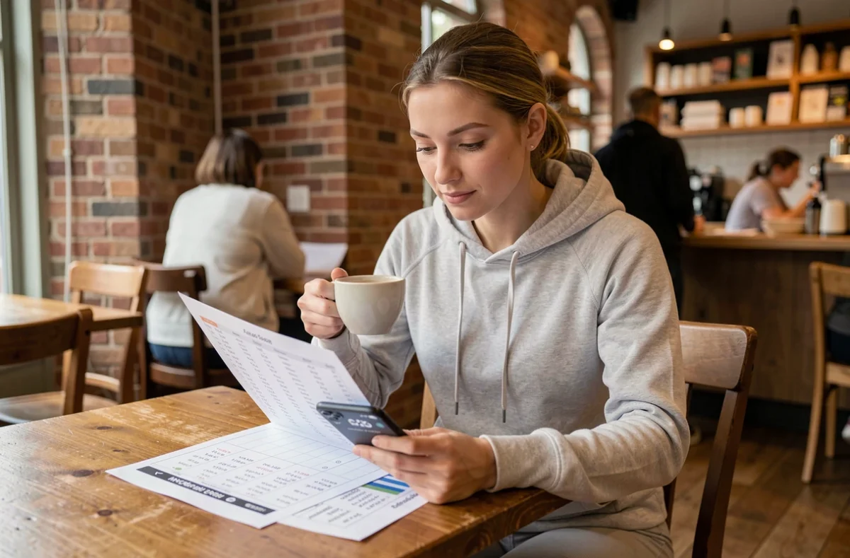 Femme athlète analysant un tableau d'allure en km/h pour préparer un 10 km dans un café