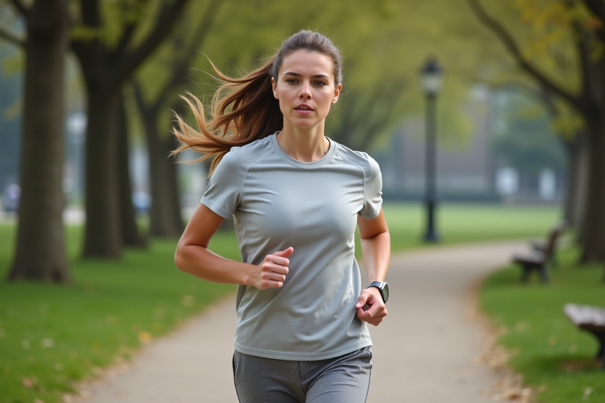 Femme courant dans un parc urbain en tenue sportive