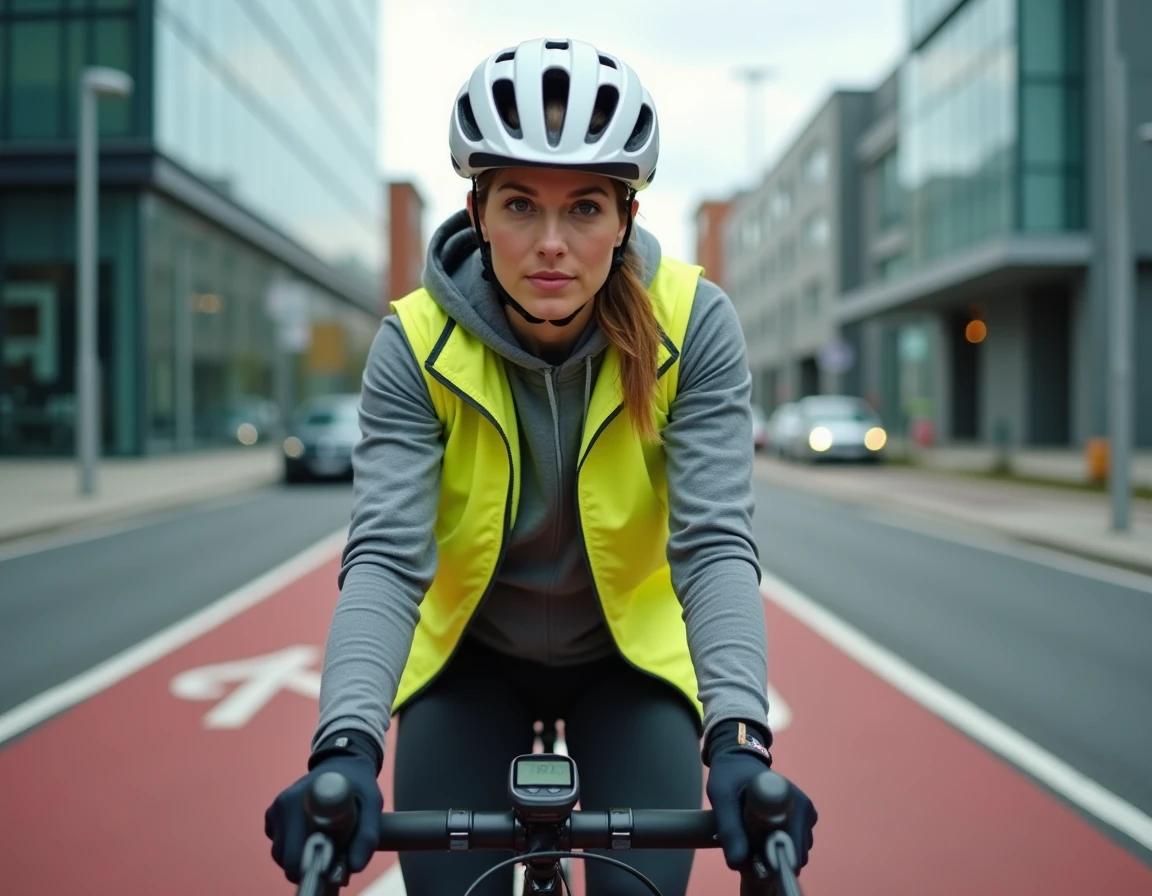 Cycliste femme consultant son compteur de vitesse sur une piste cyclable urbaine moderne