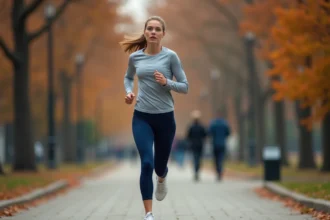 Femme débutante en course à pied dans un parc urbain en automne, allure modérée de 8 km/h