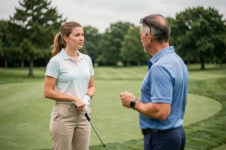Femme débutante en golf écoutant son instructeur sur un practice lors d'un stage initiation au golf
